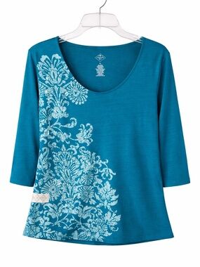 St. John’s Bay Teal Floral Print 3/4 Sleeve Top XL Soft Stretch Casual NWT